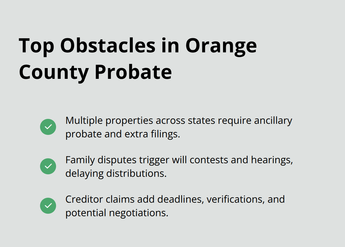 Three common obstacles in Orange County probate: multiple properties, family disputes, and creditor claims. - California probate administration
