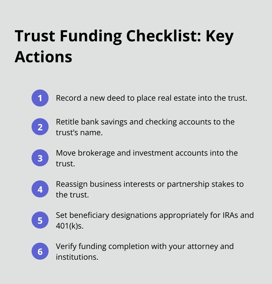 Compact checklist of essential steps to fund a California revocable trust. - California revocable trust attorney