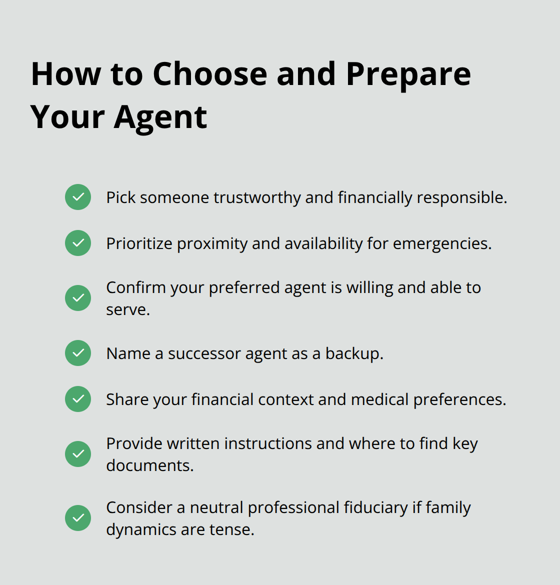 Checklist of best practices for selecting and preparing a power of attorney agent - Elder law planning options