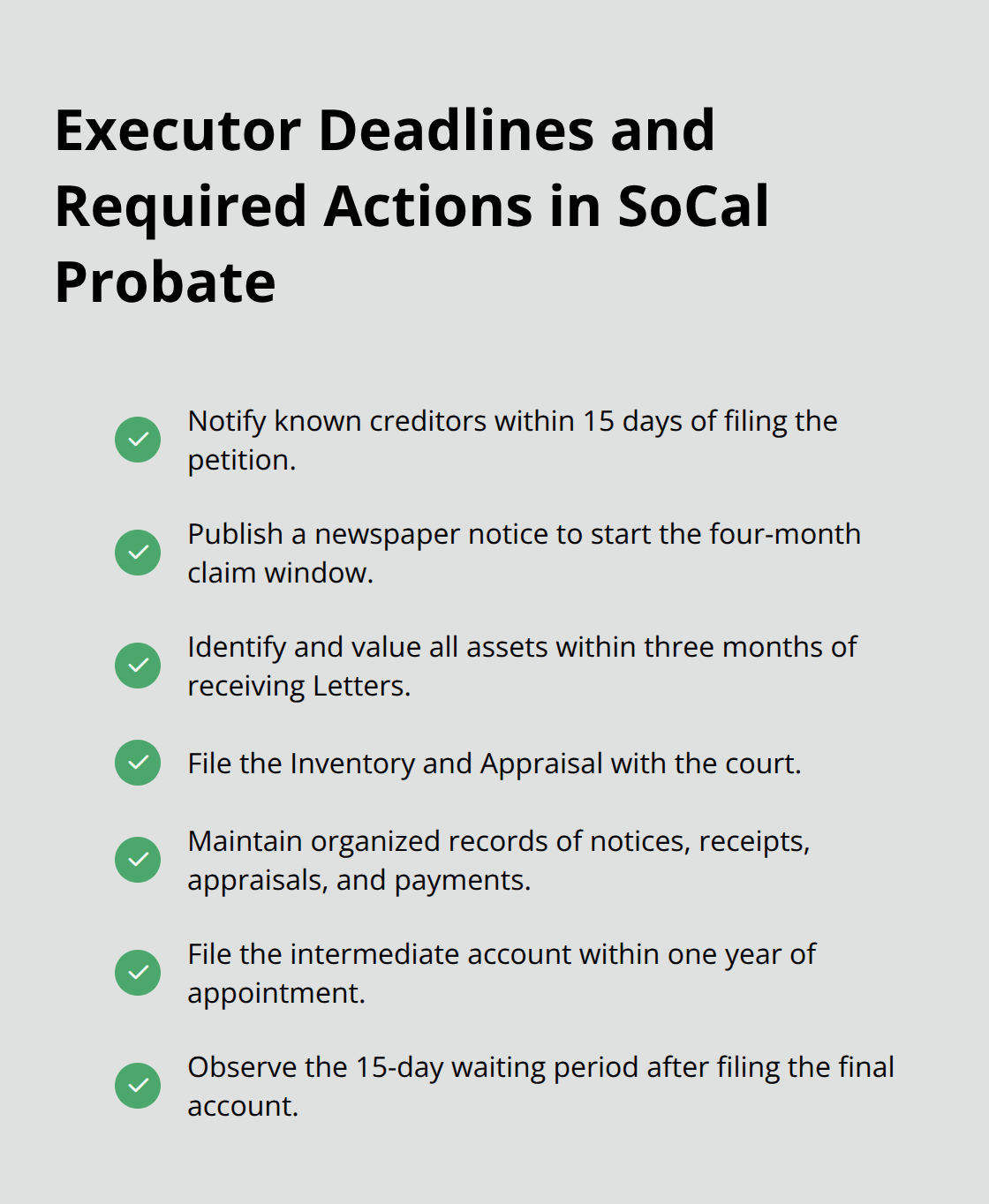 Checklist of key executor deadlines and filings during Southern California probate - Executors probate timeline SoCal