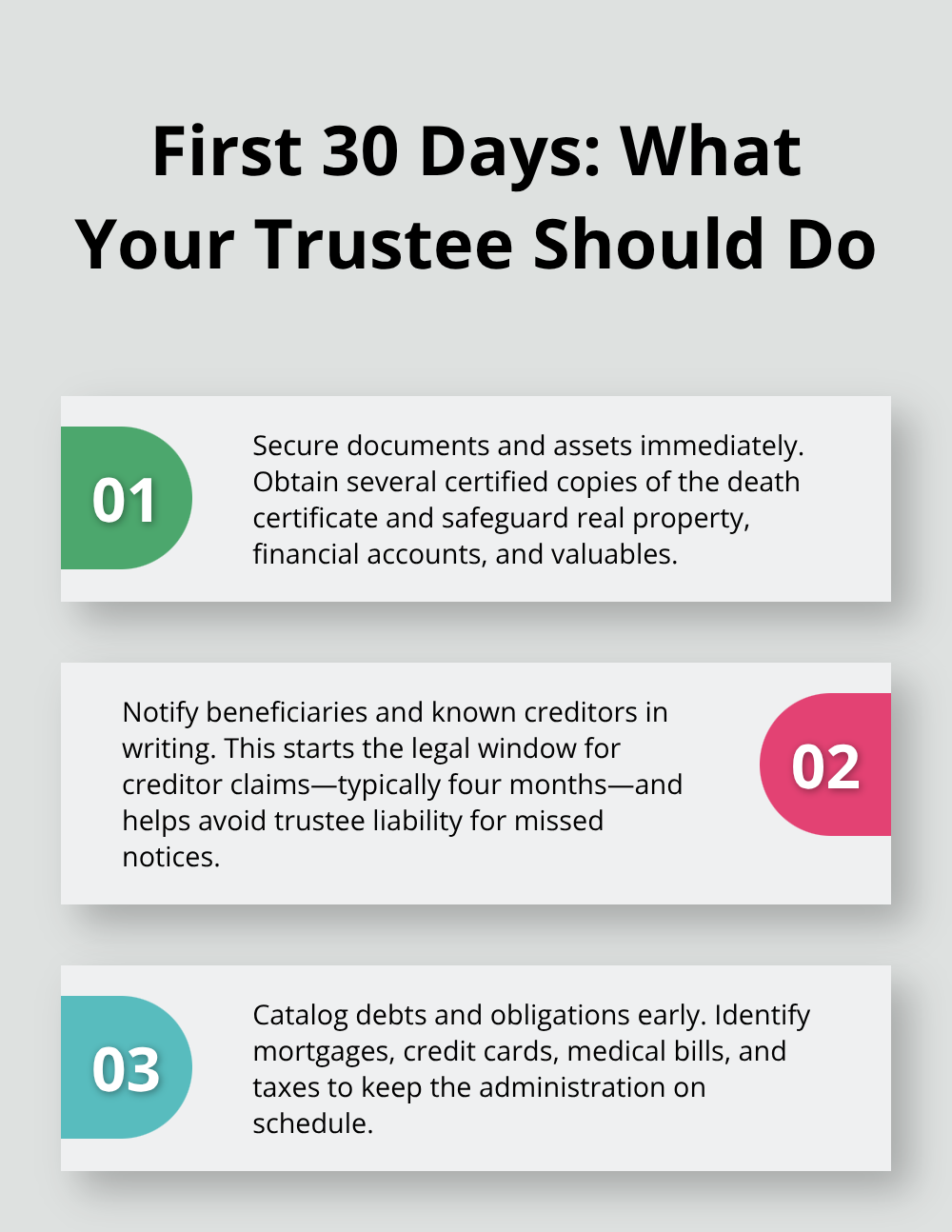 Three-step overview of trustee actions in the first month after death - Living trust administration tasks