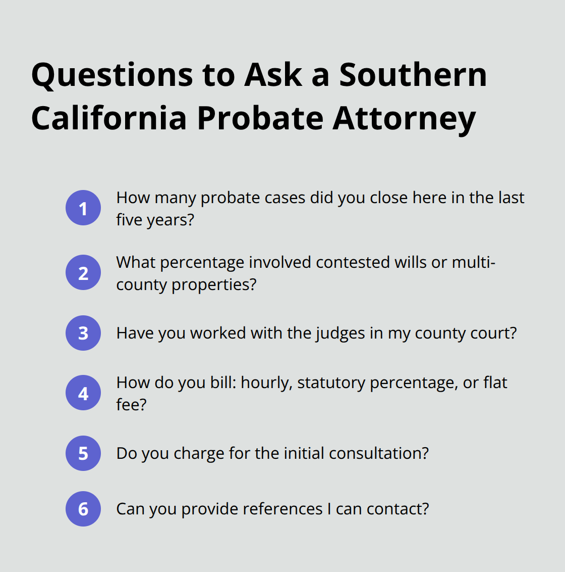 Compact checklist of key questions for vetting a local probate lawyer