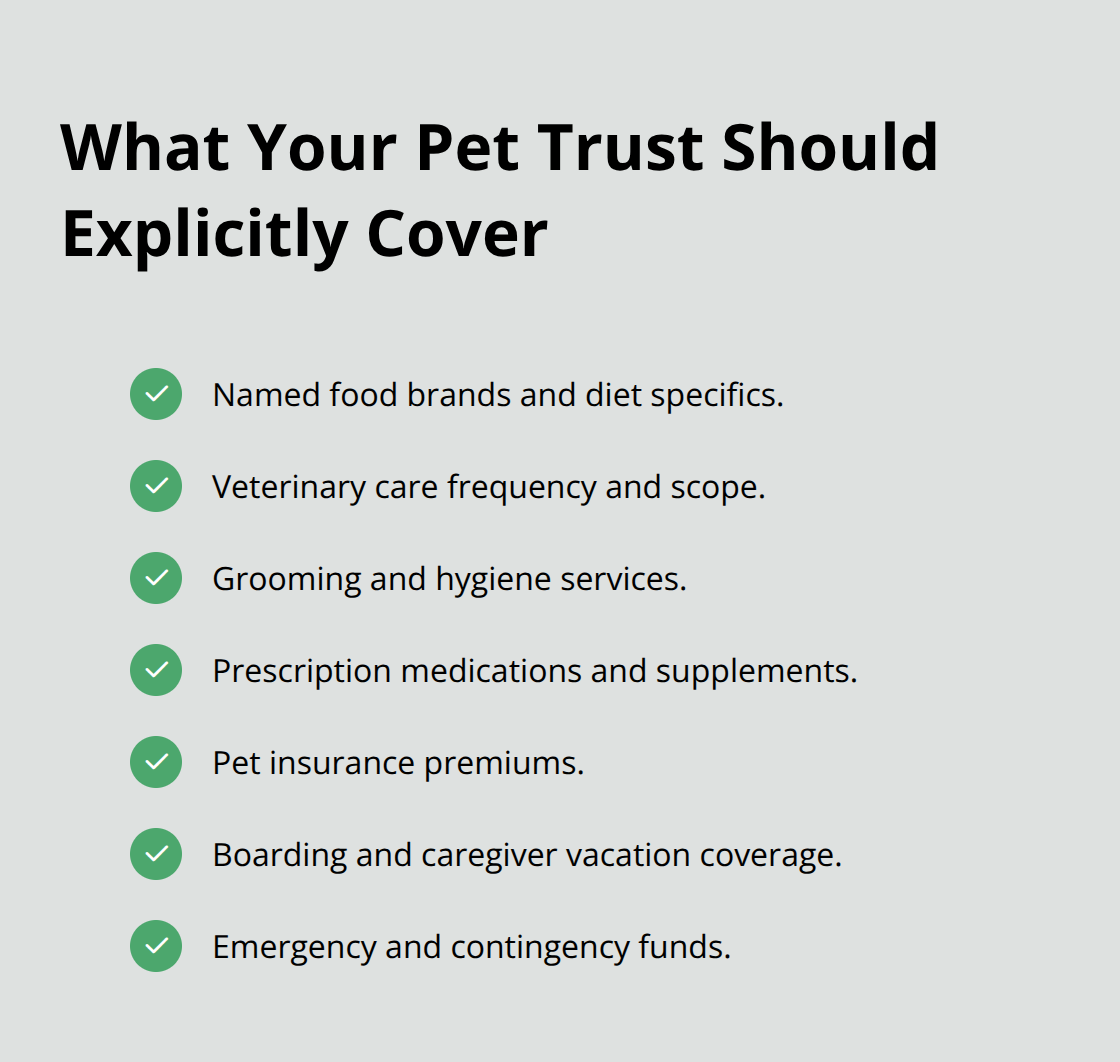 Checklist of pet trust expense categories commonly funded in the United States. - Pet trust administration tips