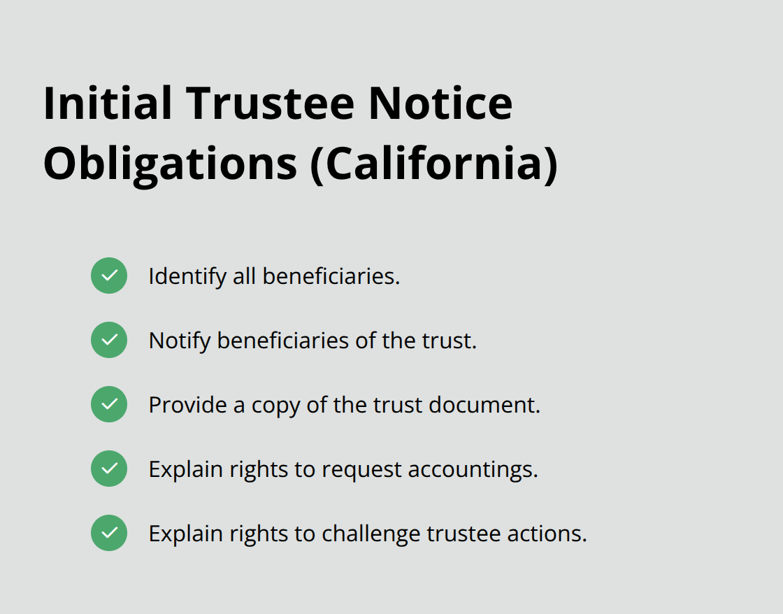 Checklist of required beneficiary notices and document deliveries at the start of trust administration in California. - Proactive trust administration attorney