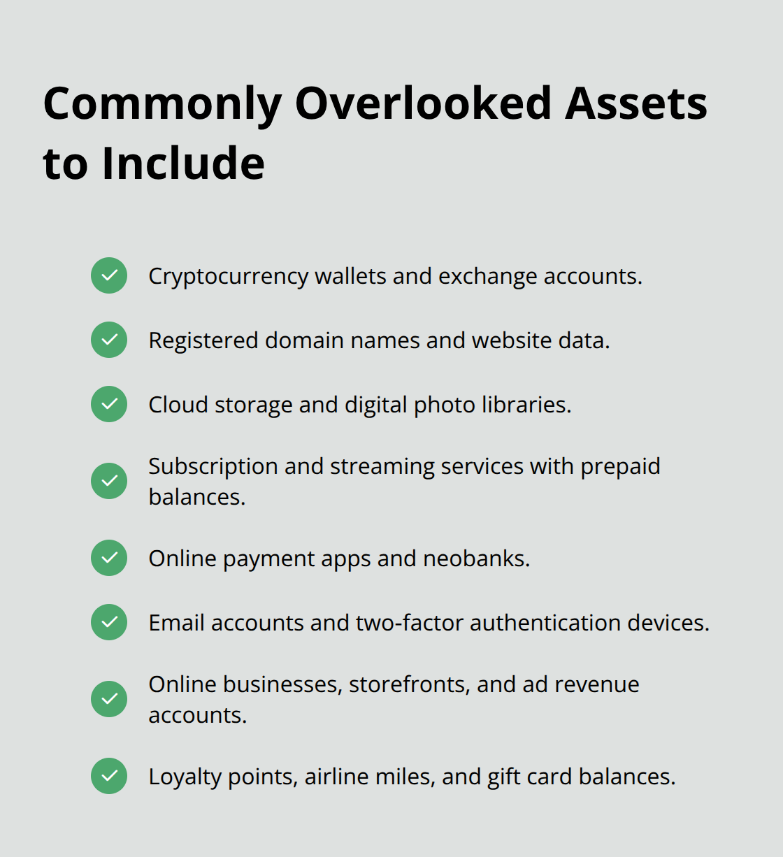 Checklist of frequently missed digital and intangible assets in probate inventories - Probate asset listing