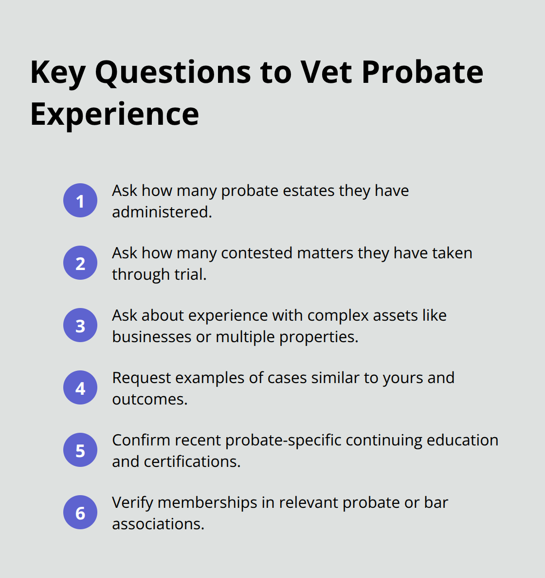 Checklist of questions to evaluate a probate attorney’s probate-specific experience