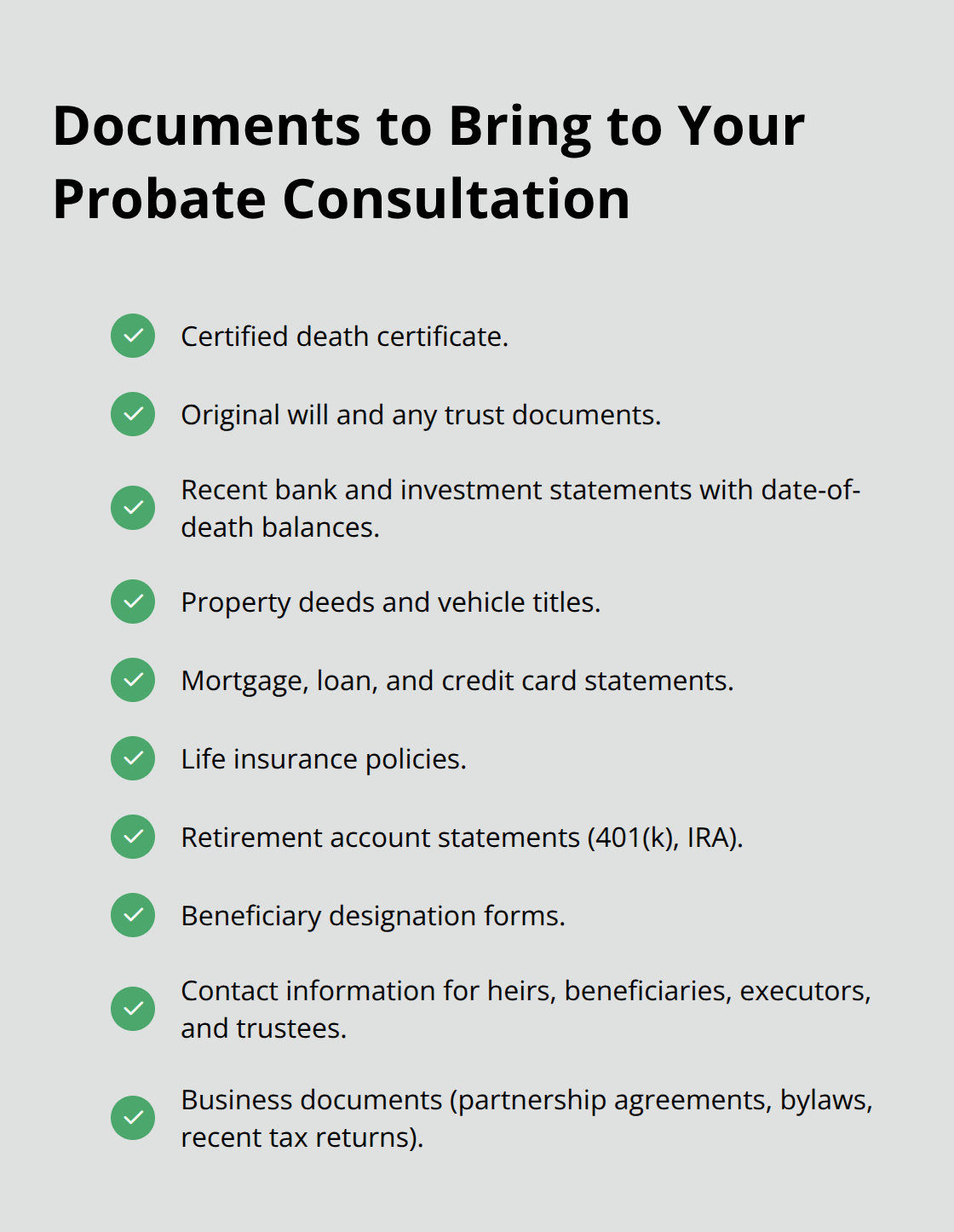 Checklist of key documents to gather before a probate attorney meeting - Probate attorney consultations