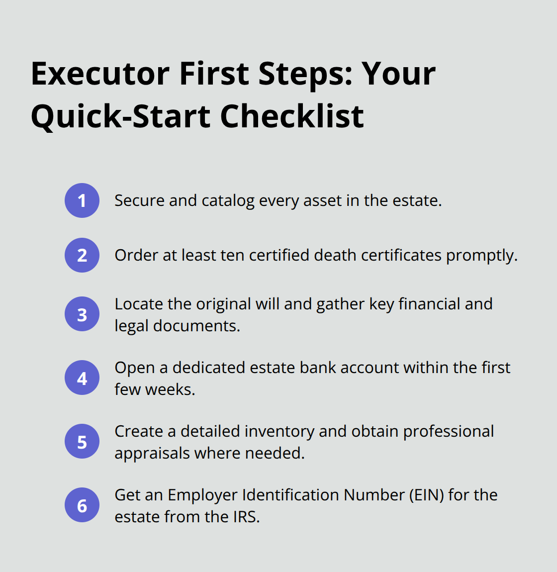 Compact checklist of essential first steps for probate executors in the United States.