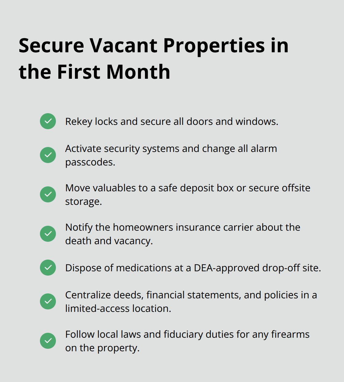 Checklist of immediate steps to secure a vacant probate property in the U.S. - Probate property management