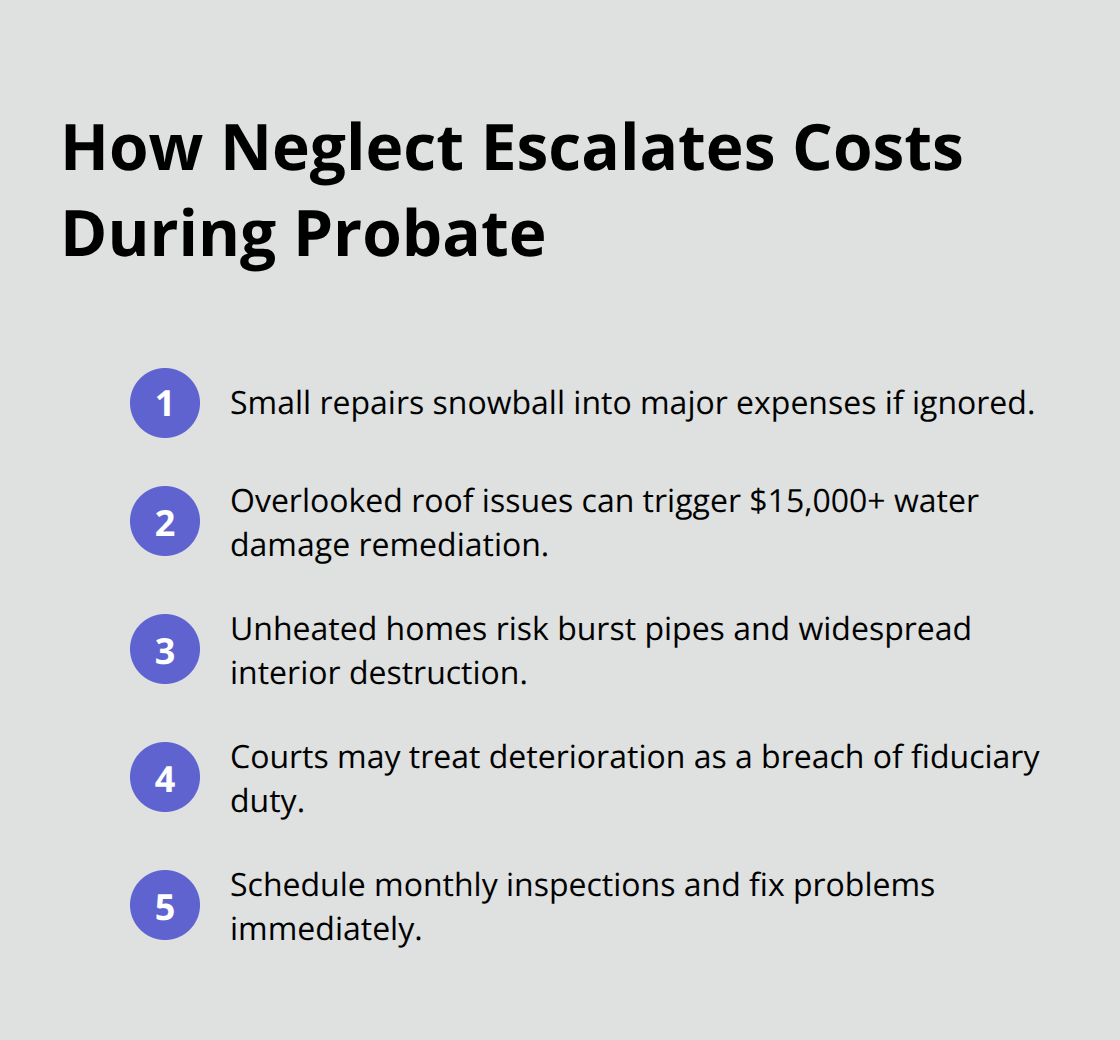 Concise list showing how skipped maintenance leads to large expenses and legal risk.
