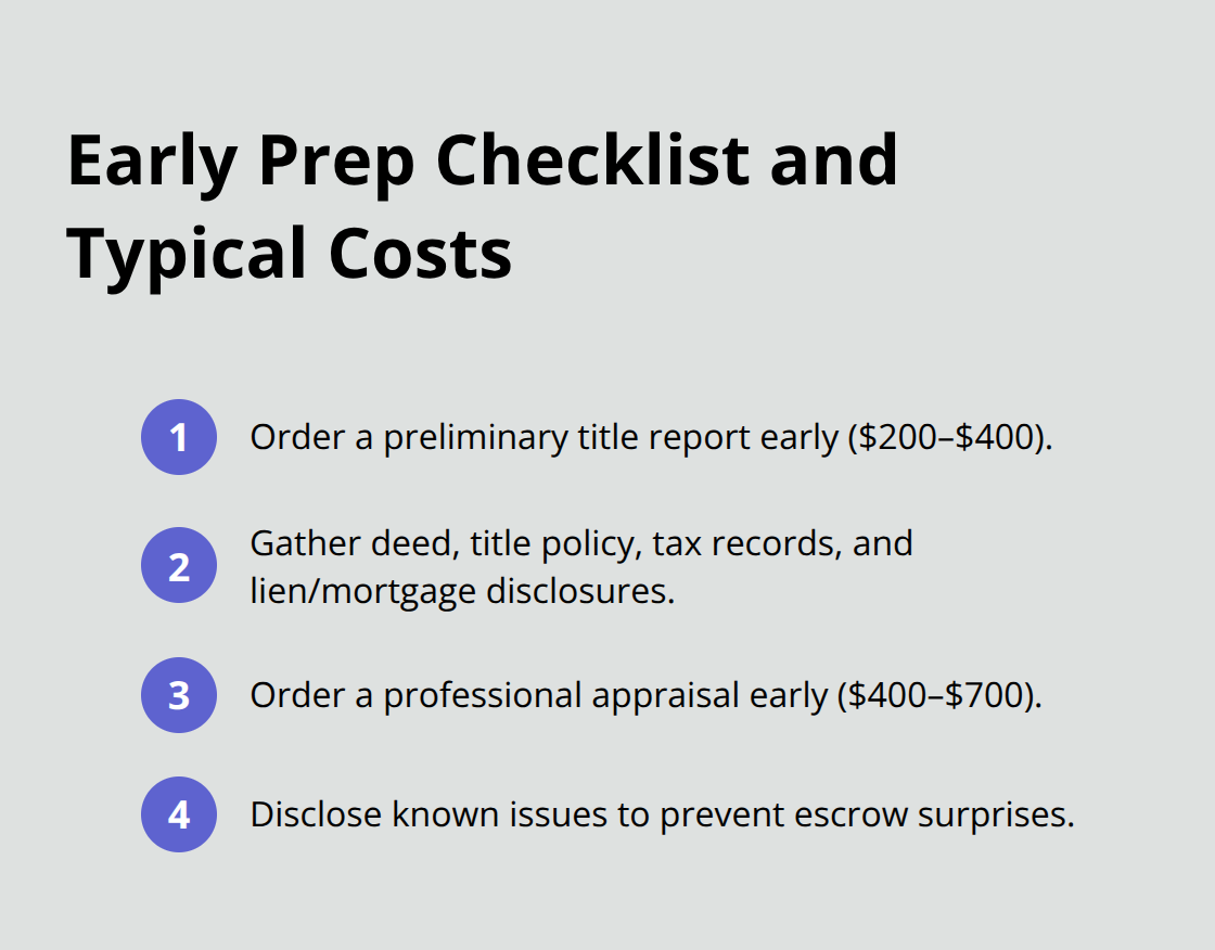 Compact checklist highlighting early probate sale preparation steps and typical costs for reports and appraisals.