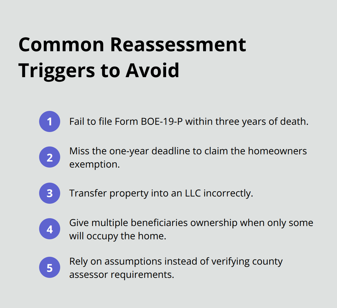 Compact checklist of common errors that often cause property tax reassessment during probate transfers.