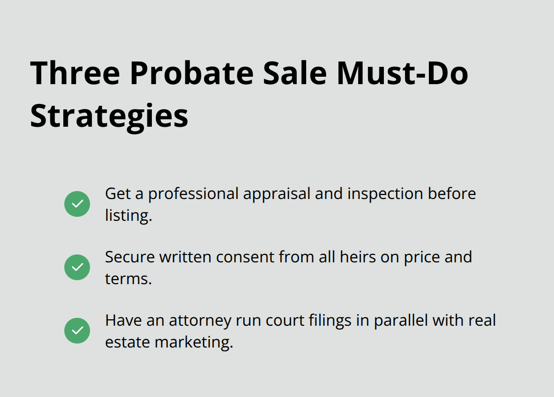 Checklist of three essential strategies to keep a probate real estate sale on track. - Probate real estate coordination