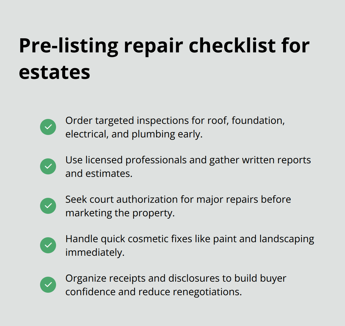 Checklist of repair and inspection steps to speed up probate property sales.