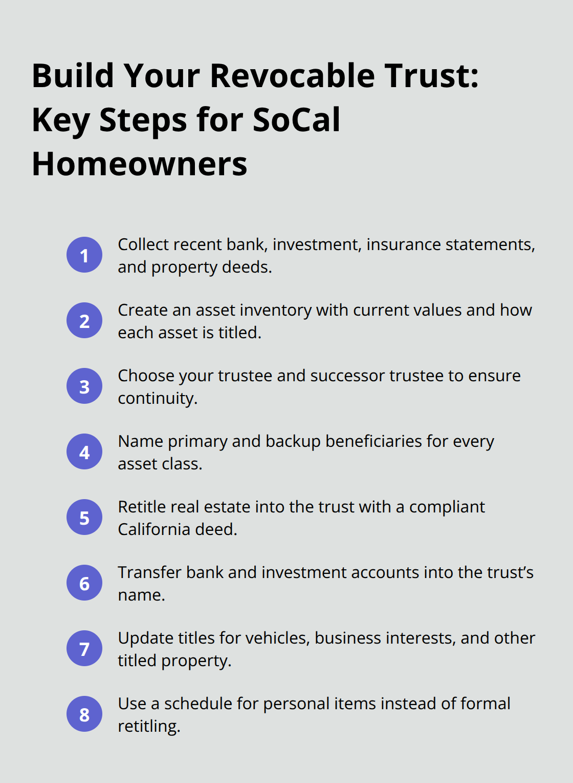 Compact checklist of the core steps to create and fund a revocable trust in Southern California. - Revocable trust guidance