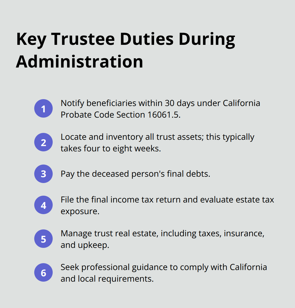 Summary of core trustee tasks in Riverside trust administration