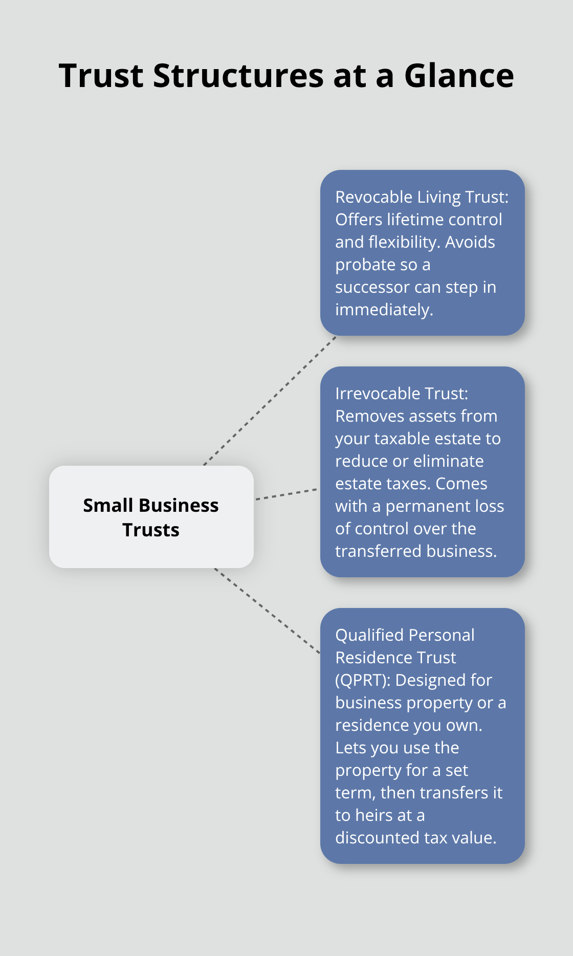 Hub-and-spoke infographic showing small business trust options and their key benefits in the United States. - Small business trust planning