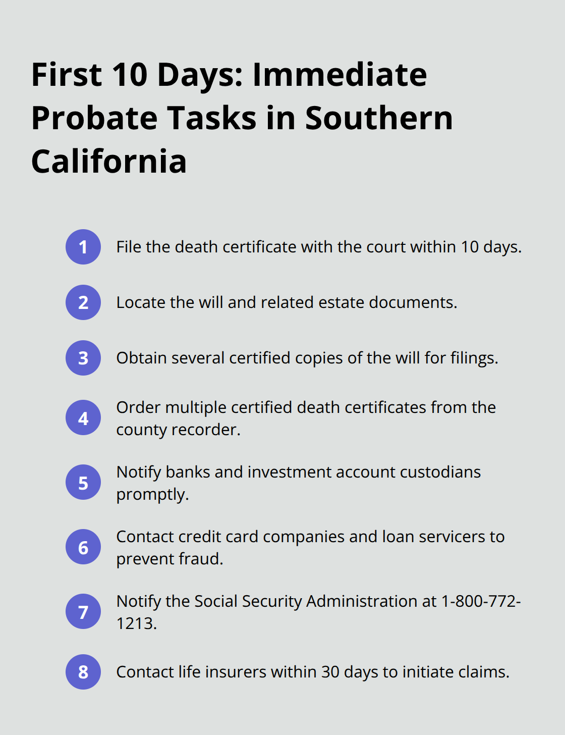 Compact checklist of immediate tasks families should complete in the first days after a death in Southern California probate. - SoCal probate administration process