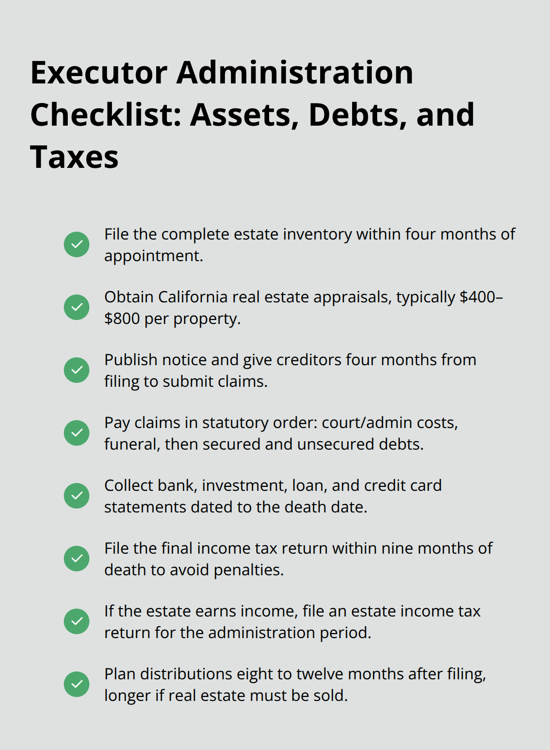 Checkmark list of executor duties and timelines during probate administration in Southern California.