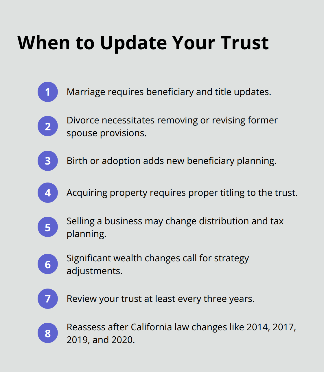 Compact checklist of common events that should trigger a trust update. - SoCal trust attorney