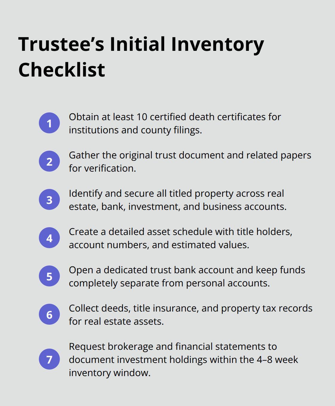 Compact checklist of the trustee’s first inventory and setup tasks