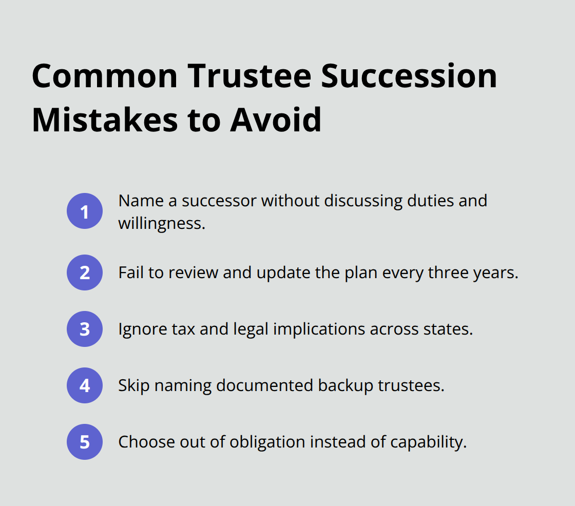 Compact checklist of frequent trustee succession planning mistakes to prevent. - Trustee succession planning attorney