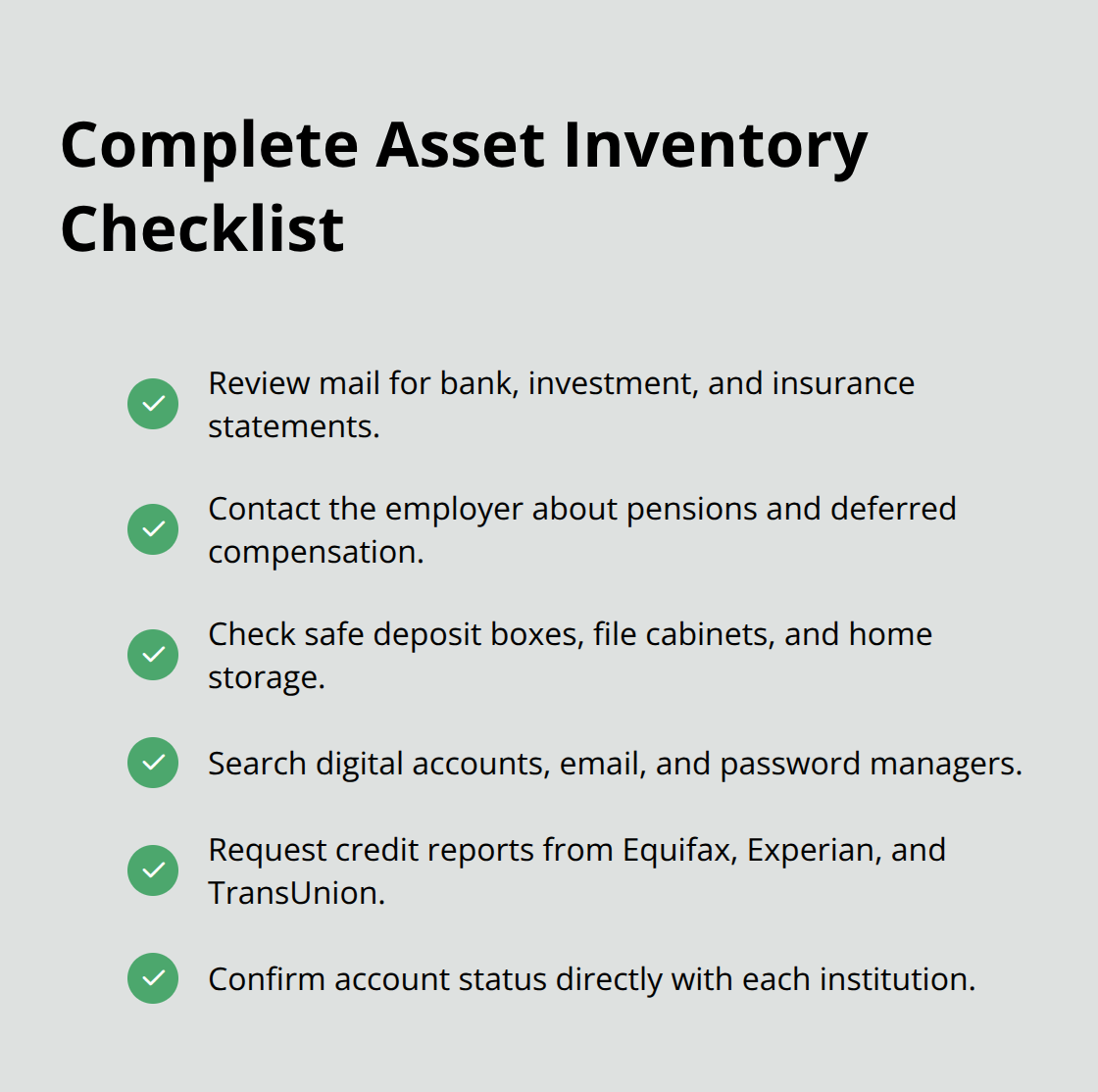 Key steps to build a thorough estate asset inventory, including digital accounts. - basic probate administration
