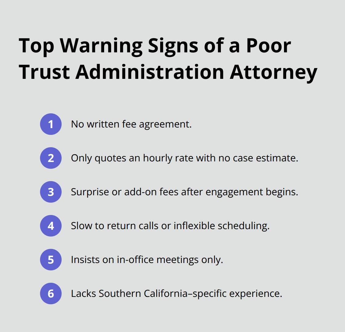 Compact checklist of common red flags when hiring a trust administration attorney
