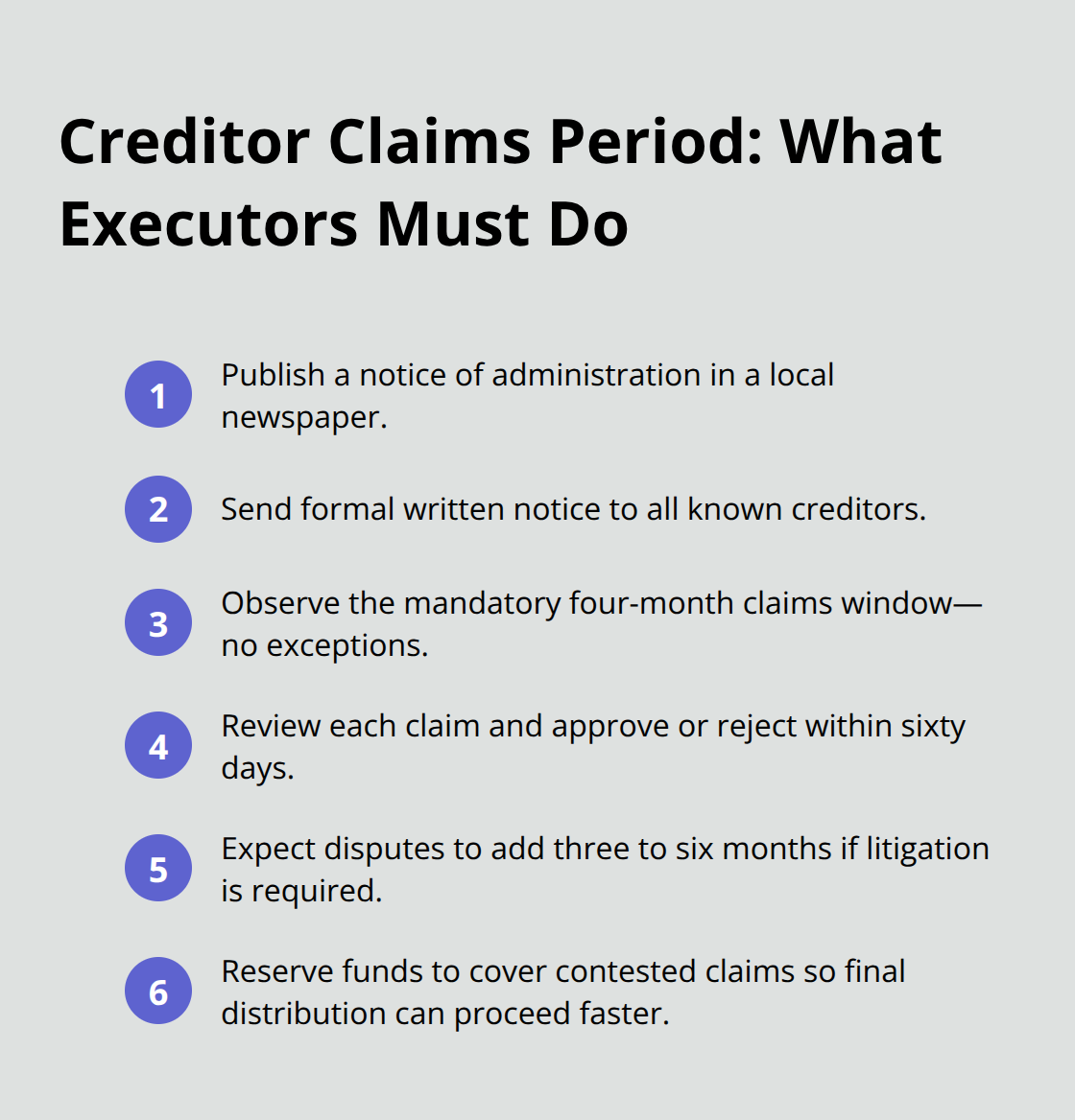 Compact checklist of California creditor claim period tasks and timelines.