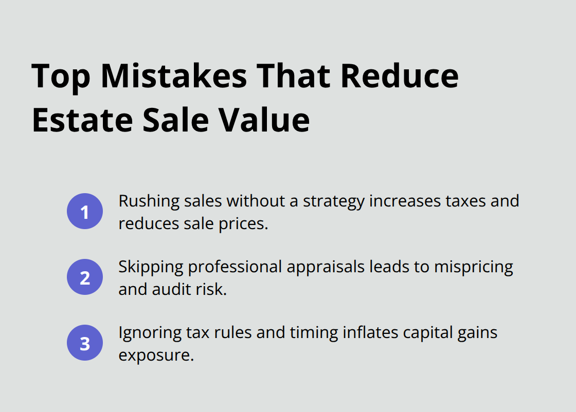 Compact list of common estate asset sale mistakes that lead to lost value and higher taxes - estate liquidation planning