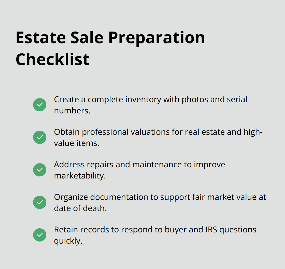 Checkmark list of steps to prepare estate assets for sale - estate liquidation planning