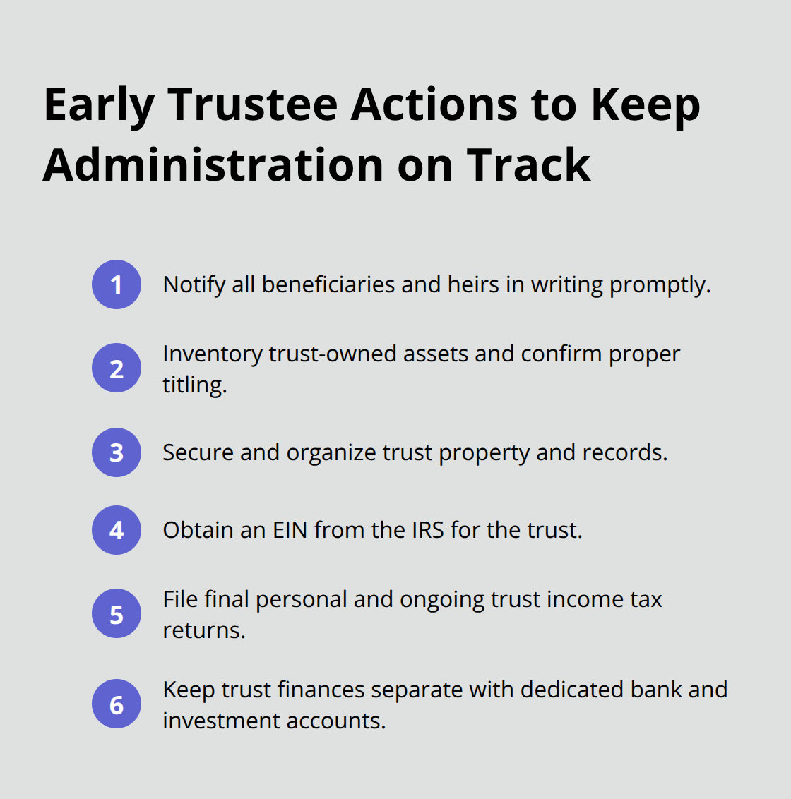 Compact checklist of early trustee actions after a living trust becomes irrevocable. - living trust administration