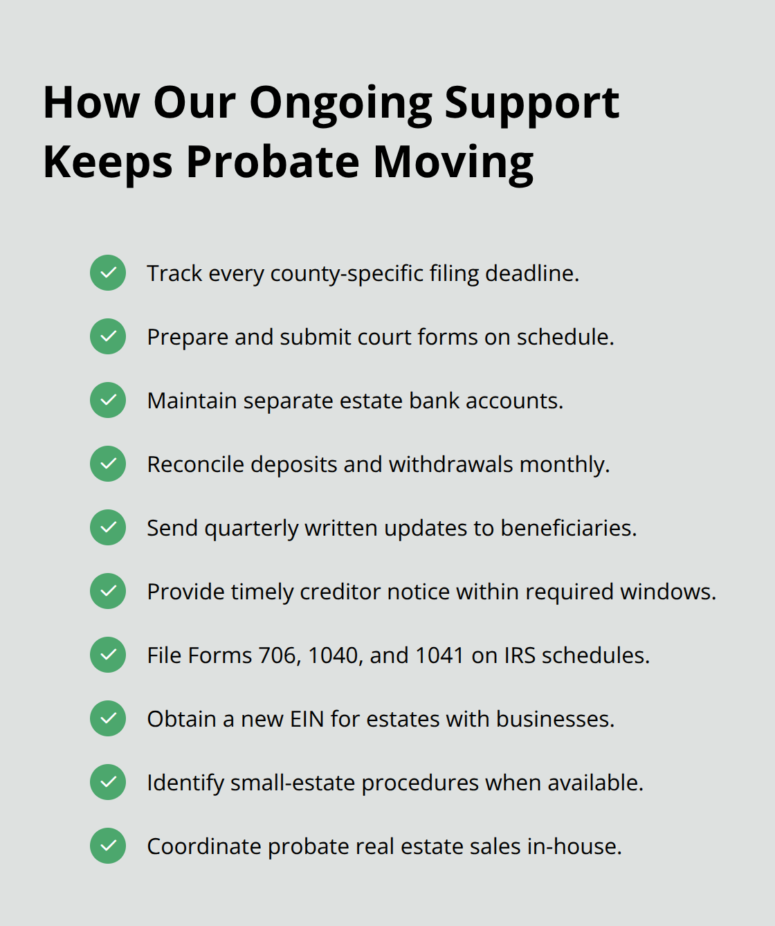 Checklist of services that streamline probate administration for U.S. estates. - ongoing probate administration support