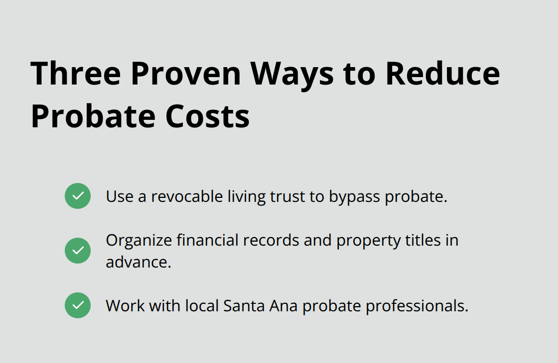 Checkmark list of three strategies to reduce probate costs in Santa Ana.