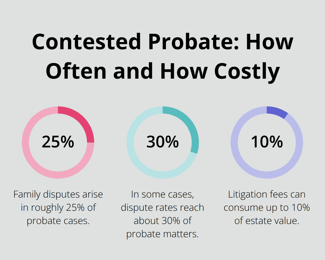 Percentage chart showing frequency of family disputes in probate cases and potential litigation fee impact on estate value. - probate administration filing