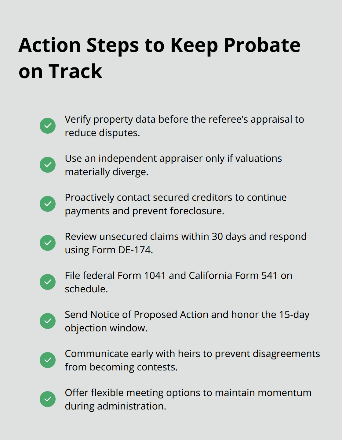 Checkmark list of practical steps to streamline Orange County probate - probate administration guidelines