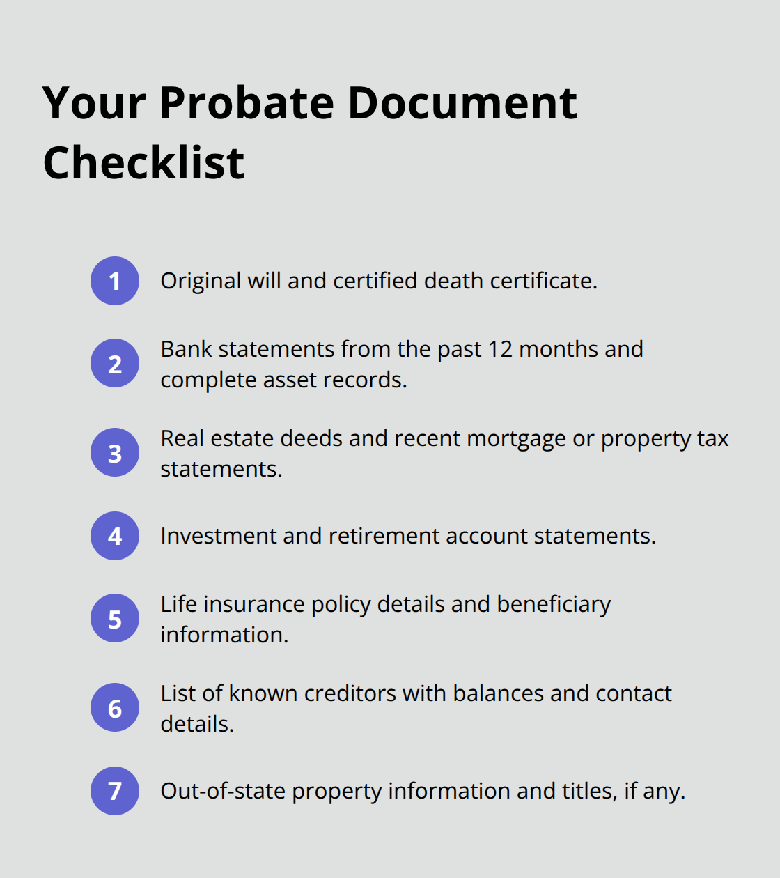 Compact checklist of documents to gather before starting Santa Ana probate