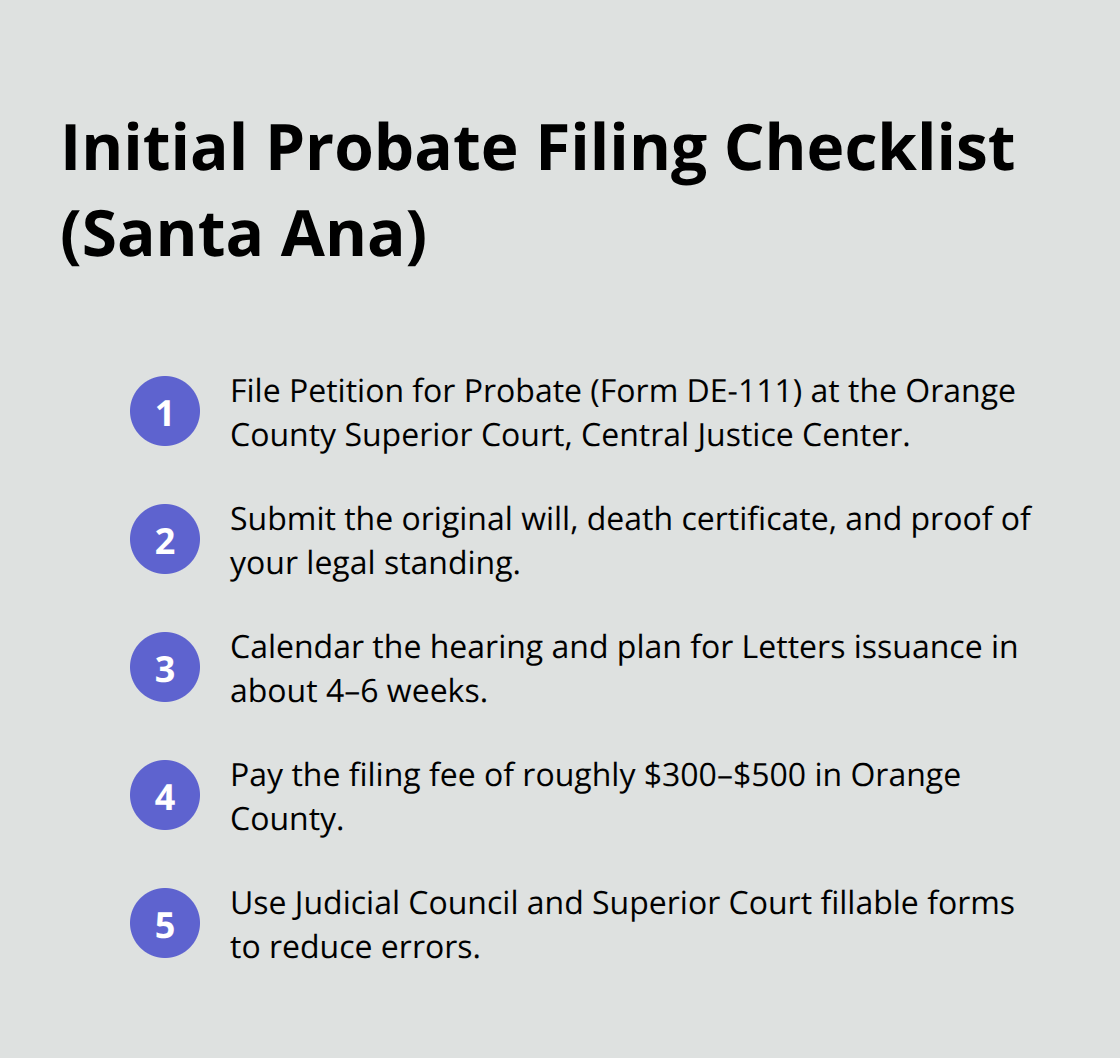 Checklist of first filing steps for starting probate in Santa Ana.