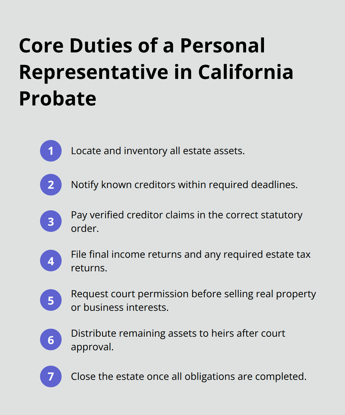 Quick checklist of required tasks and approvals for a personal representative in California probate - probate attorney for heirs