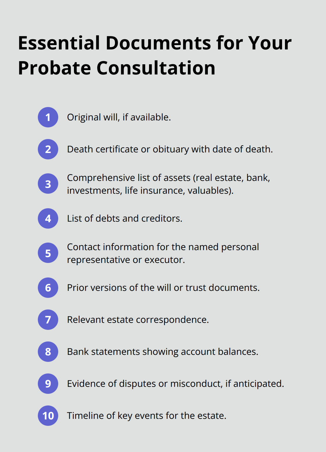 Checklist of documents to bring to a probate attorney free consultation in the U.S.