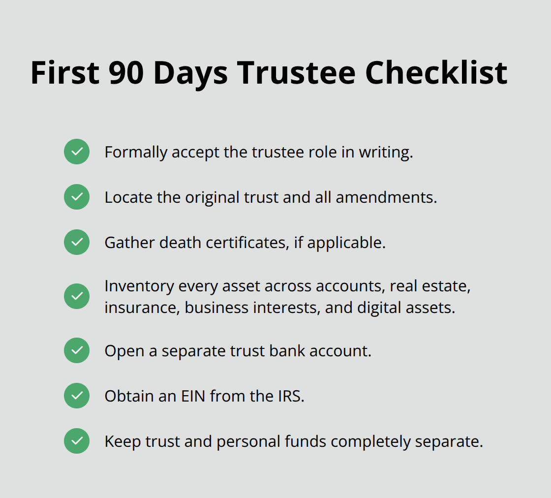 Checklist of essential trustee tasks to complete in the first 90 days for U.S. trust administration.
