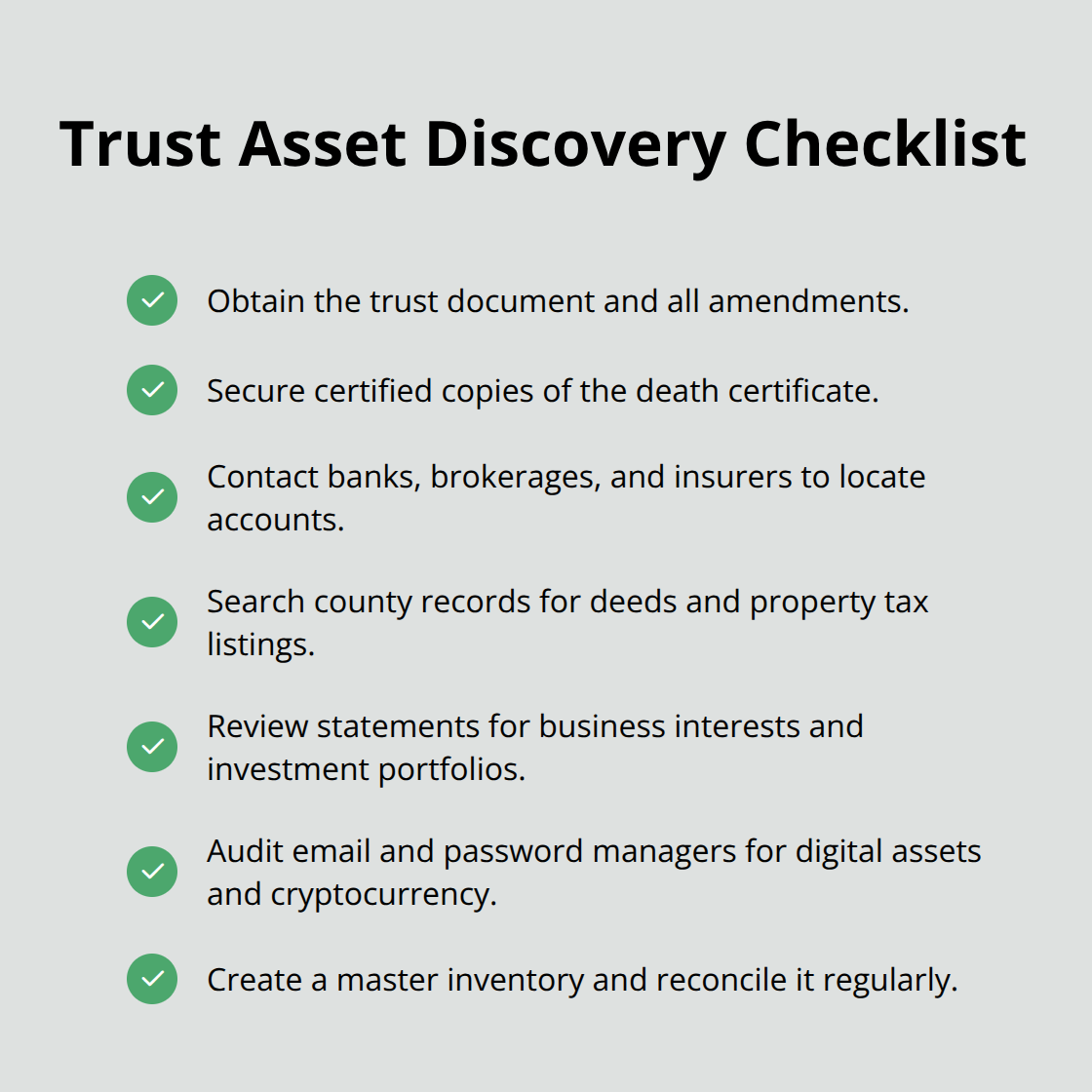 Checklist of steps to locate and catalog trust assets in the United States