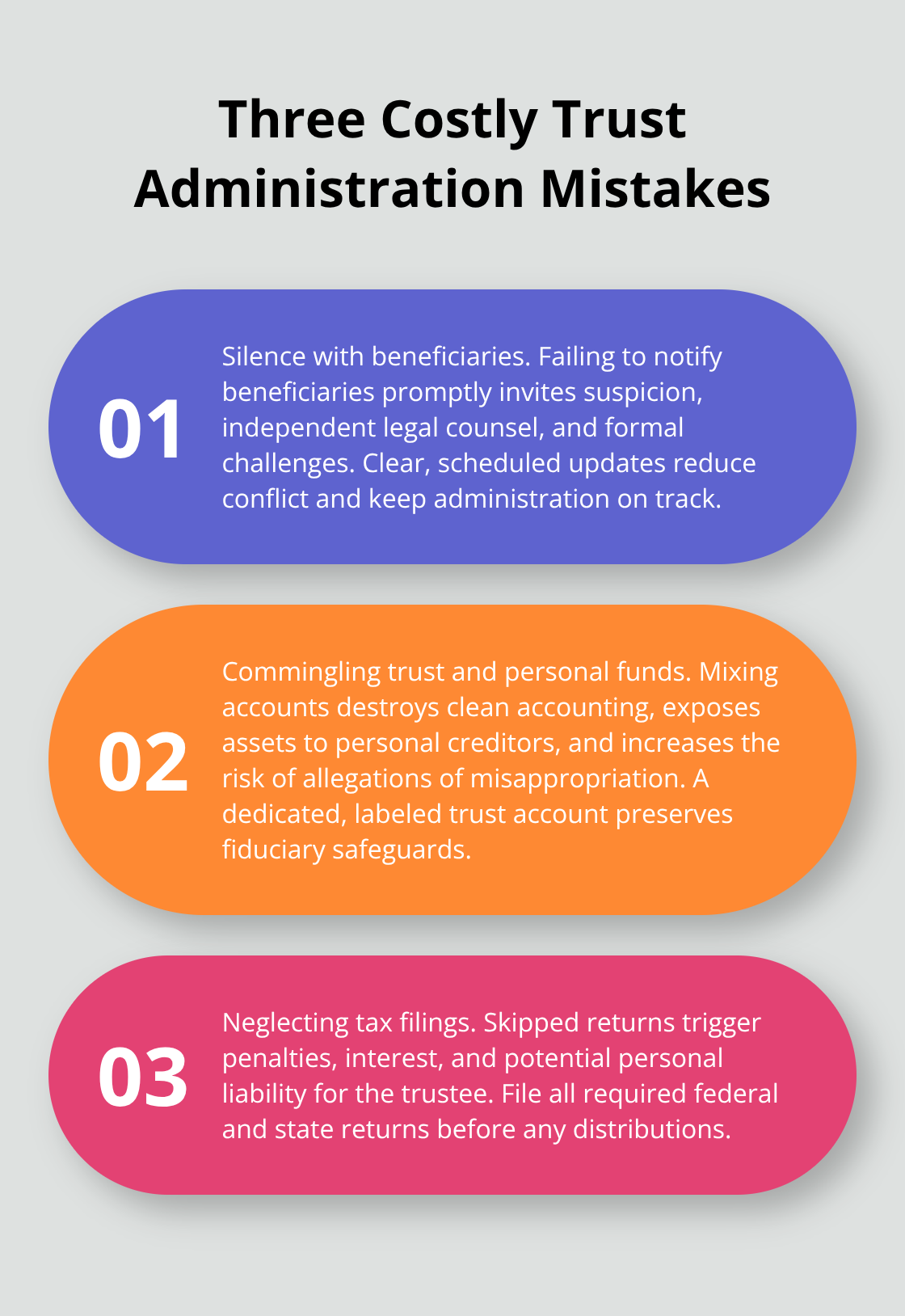 Explanation of silence, commingling funds, and tax neglect in U.S. trust administration - trust administration attorney guidance