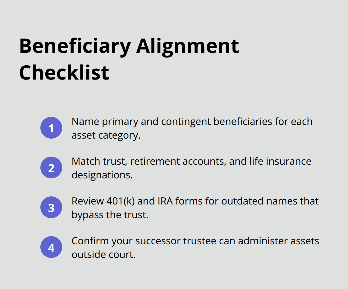 Compact checklist of steps to align beneficiaries across trust, retirement, and insurance. - trust administration for couples