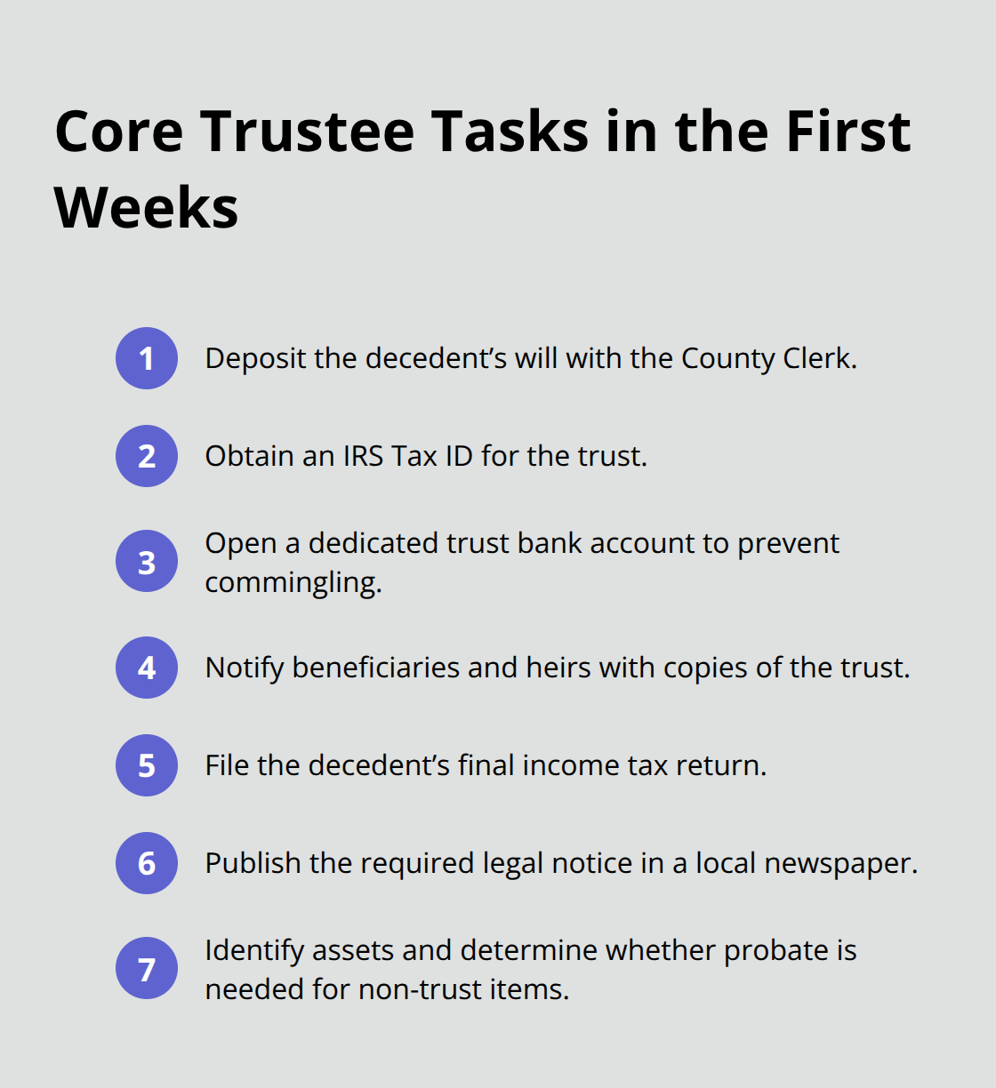 A compact list highlighting the key trustee tasks that establish a solid foundation for trust administration.