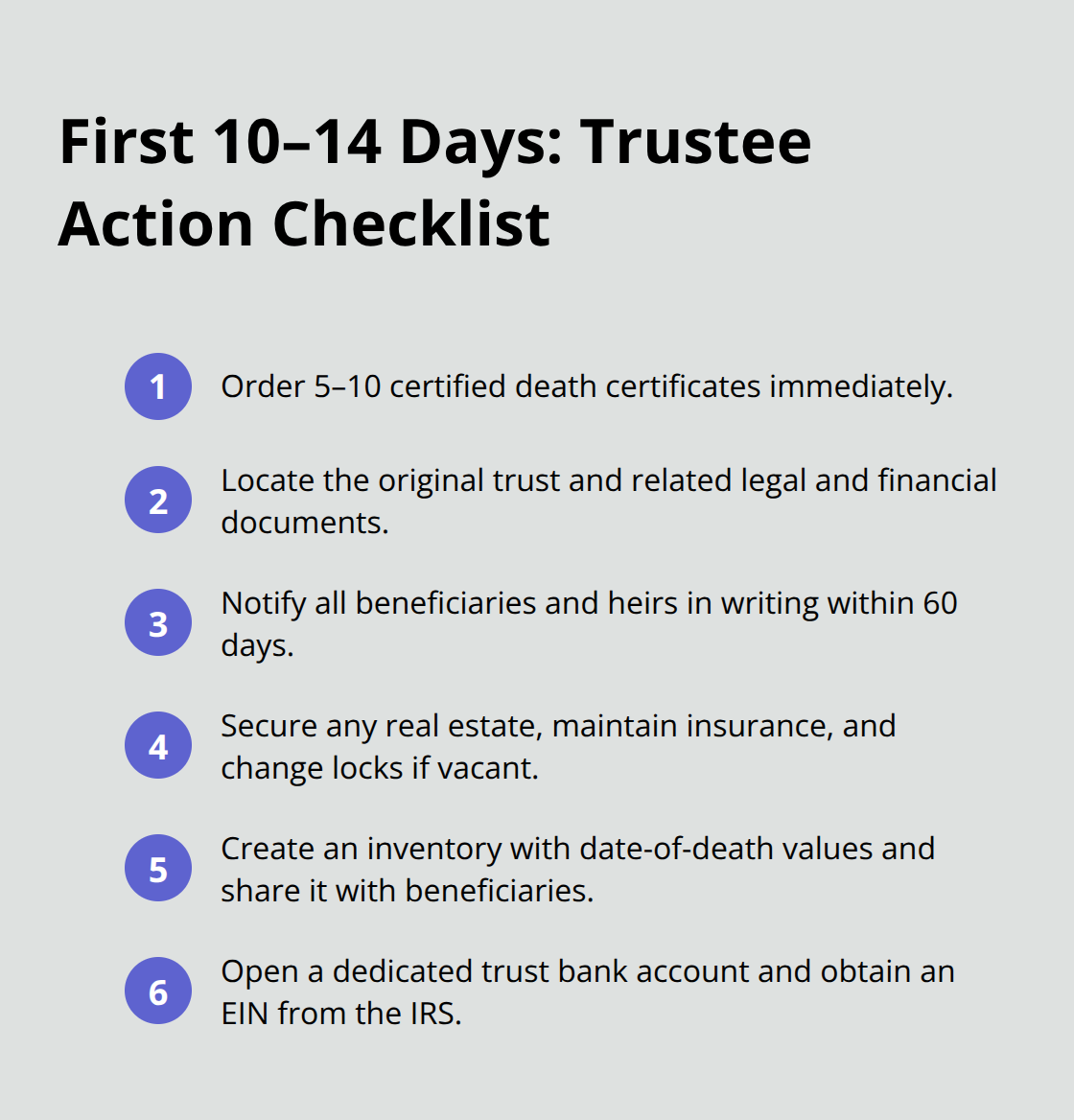Compact checklist of immediate trustee actions in the first days and weeks after death