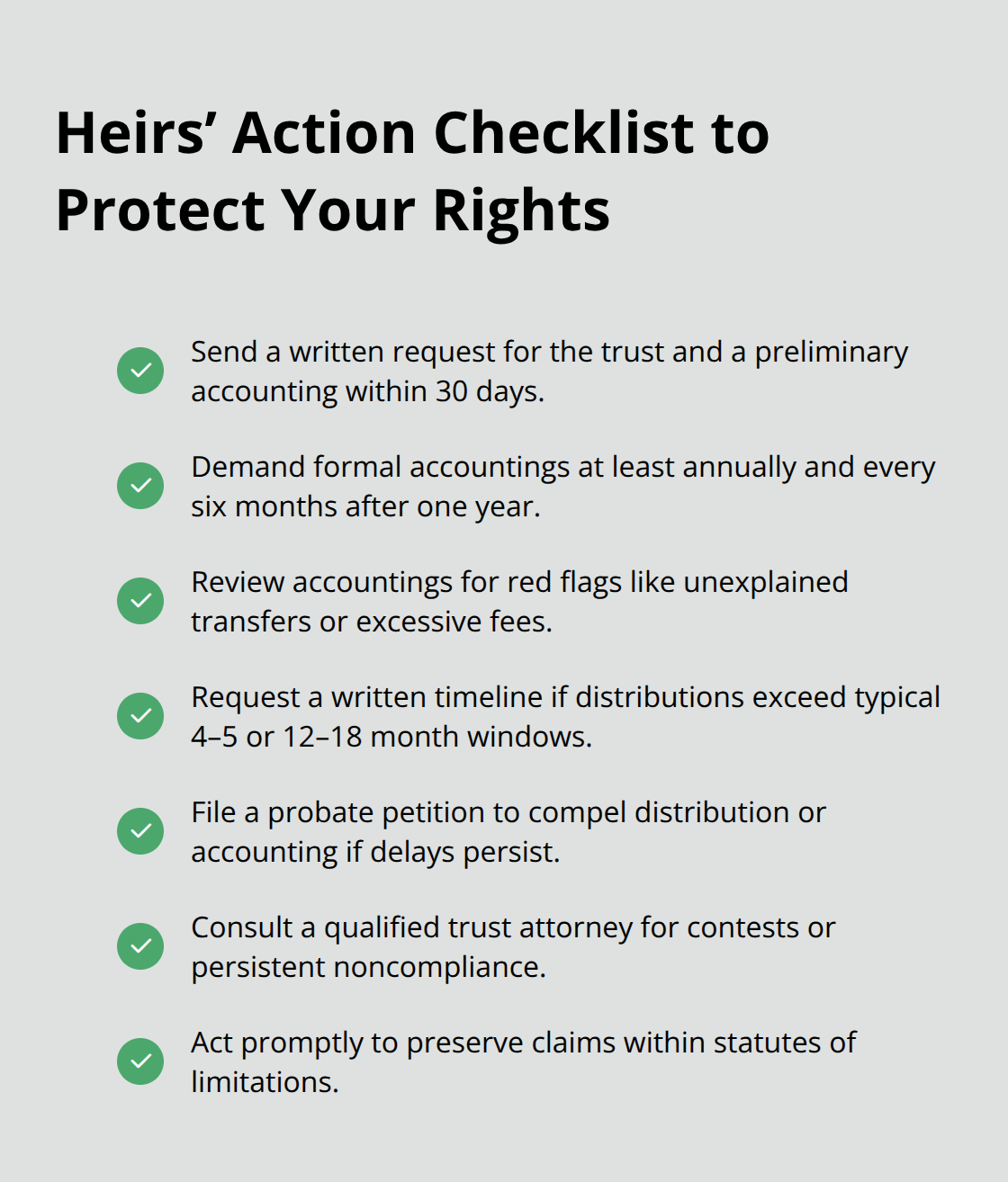 Checklist of concrete steps heirs can take to enforce timelines and transparency in trust administration. - trust administration for heirs