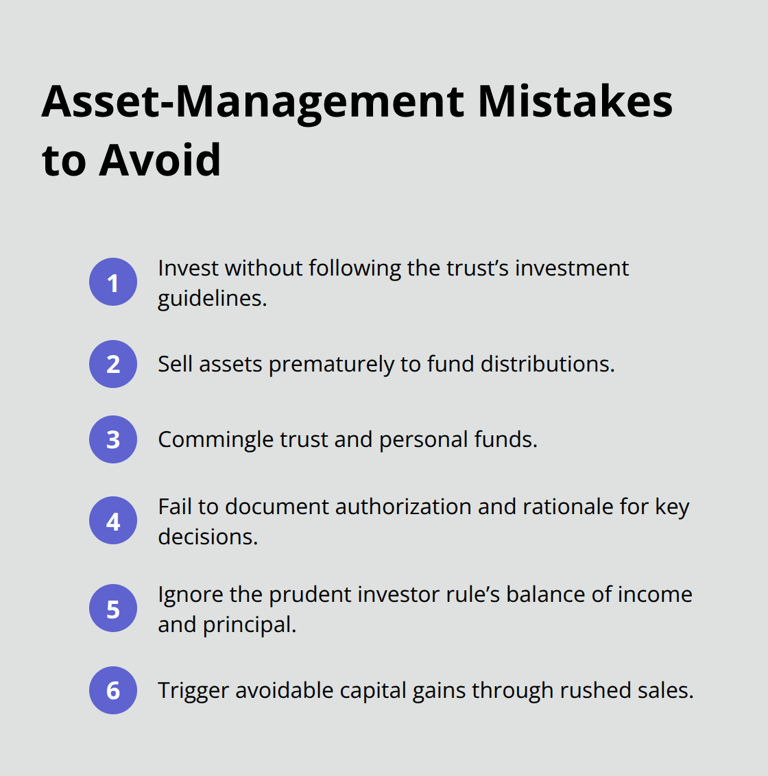 Compact list highlighting common trustee asset-management pitfalls to prevent liability. - trust administration guidance