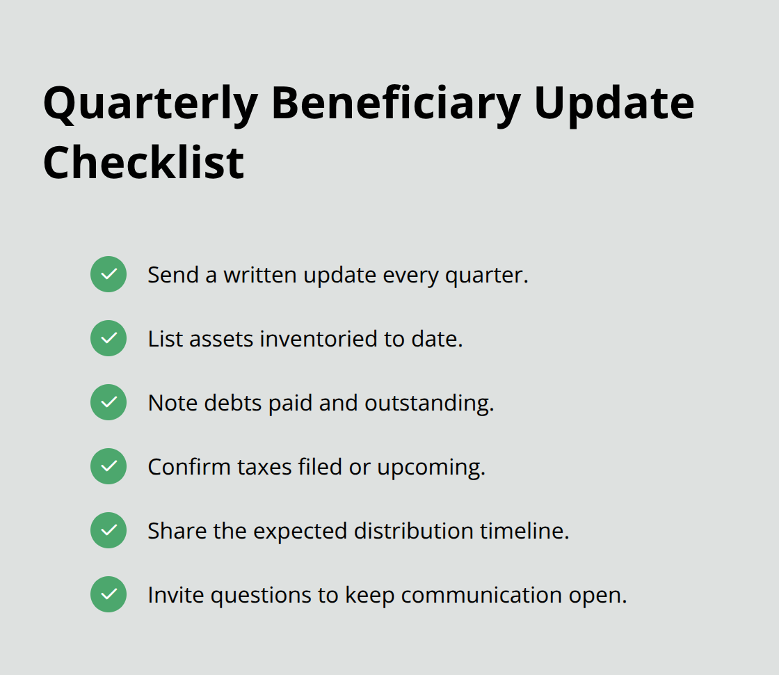 Checklist of items to include in quarterly beneficiary updates during trust administration. - trust administration guidelines