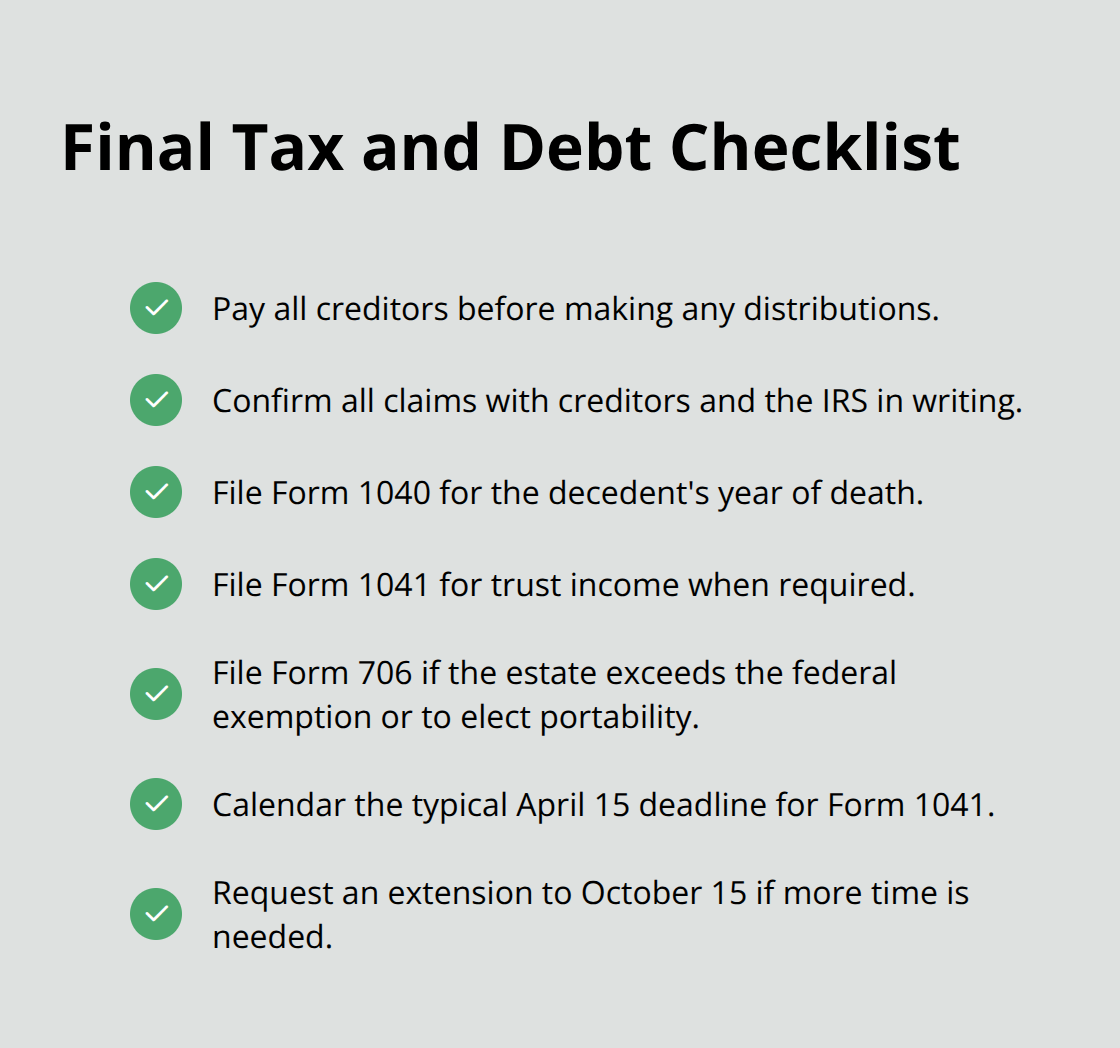 Checklist of final steps for closing a trust, including debts and required tax returns - trust administration overview